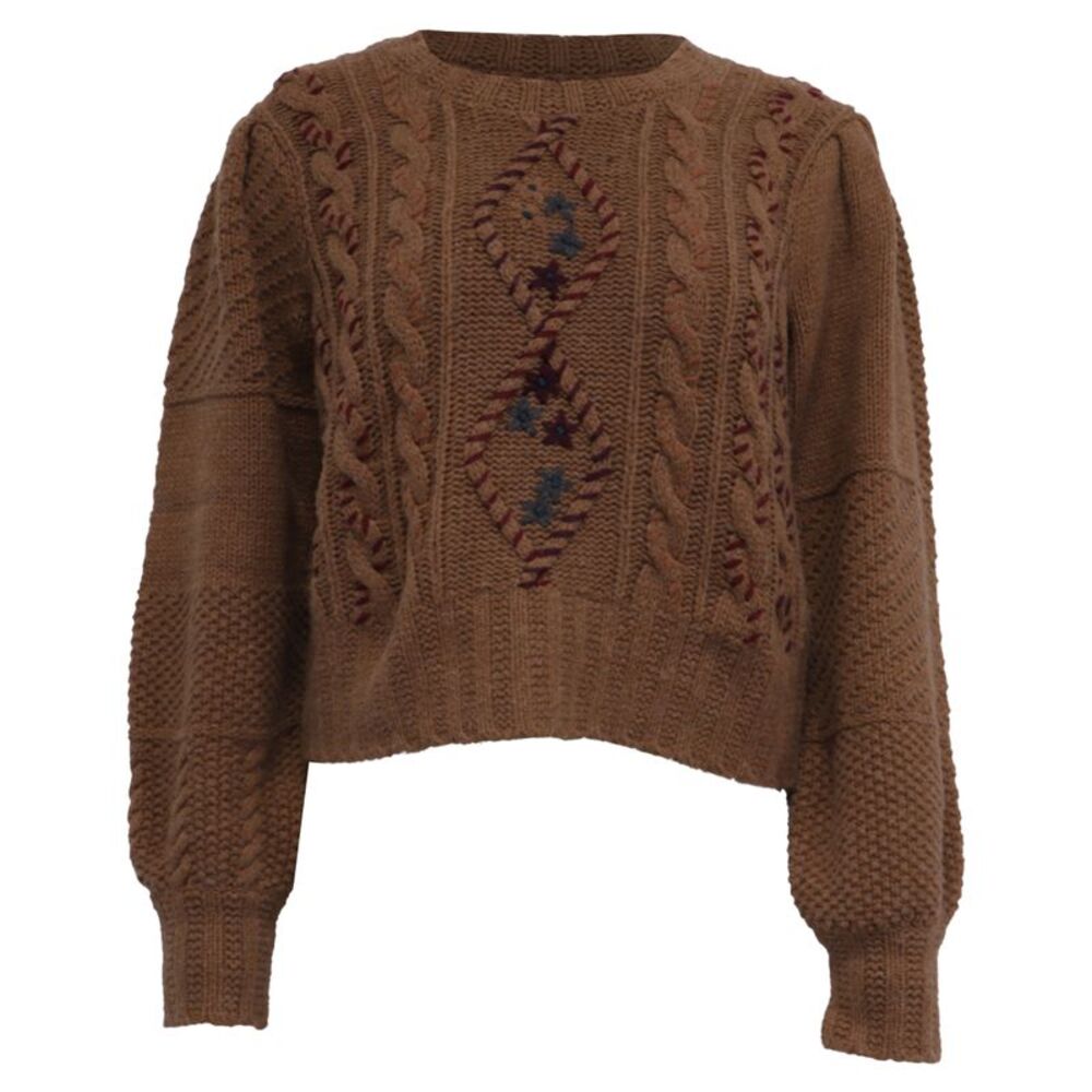 Loveshackfancy Leni Embroidered Sweater in Brown Nylon
